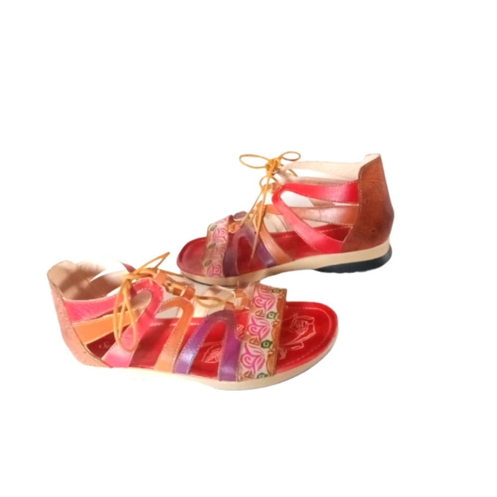 Serengeti size 7 Artsy Boho Lace up Painted Multicolor Leather Sandals.